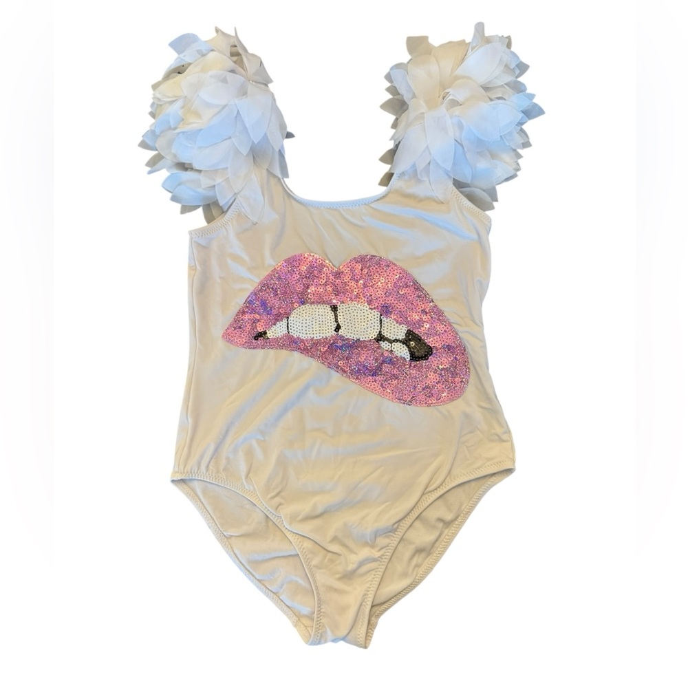 Stella Cove White Pink Sequin Lips Swimsuit size 14 - Picture 1 of 8